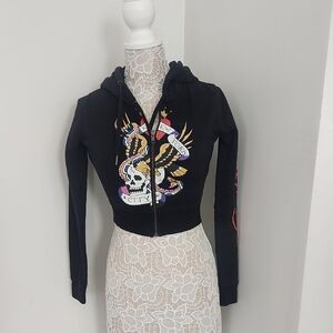 Ed Hardy Black Cropped Hoodie with Graphic Design